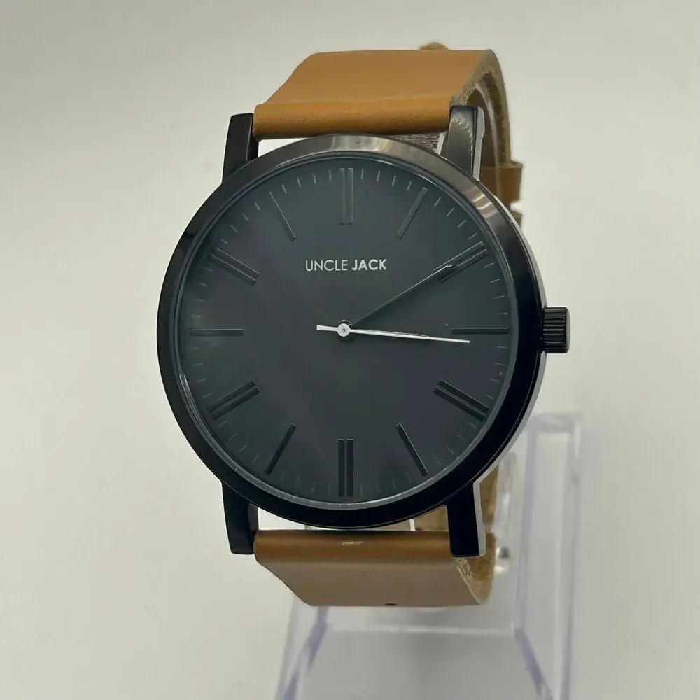 Uncle Jack Black Case Tan Genuine Leather Men’s Minimalist Watch New Battery